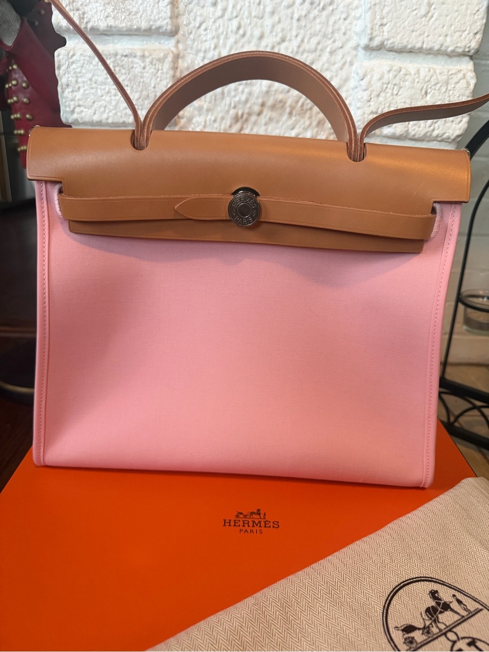 BRAND NEW! Hermès Herbag Zip PM two-way handbag. Pink canvas/brown leather. - Picture 3 of 9